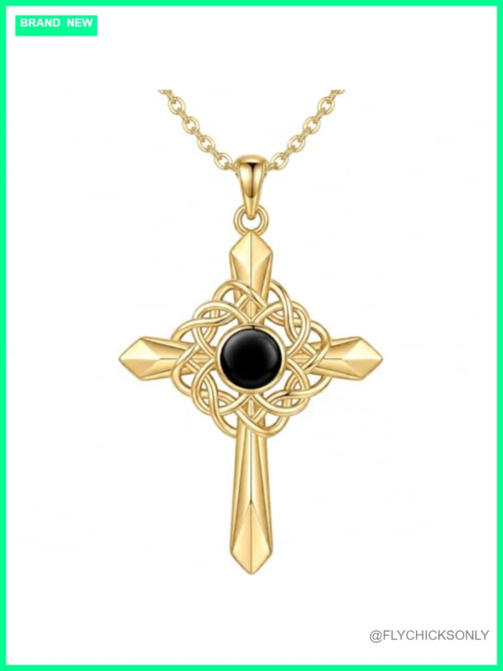 14K Gold Plated Celtic Cross Necklace Black Onyx Pendant